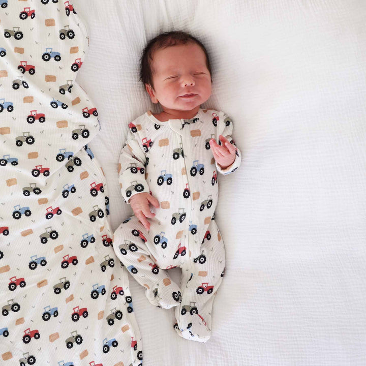farm themed bamboo waffle baby footie 