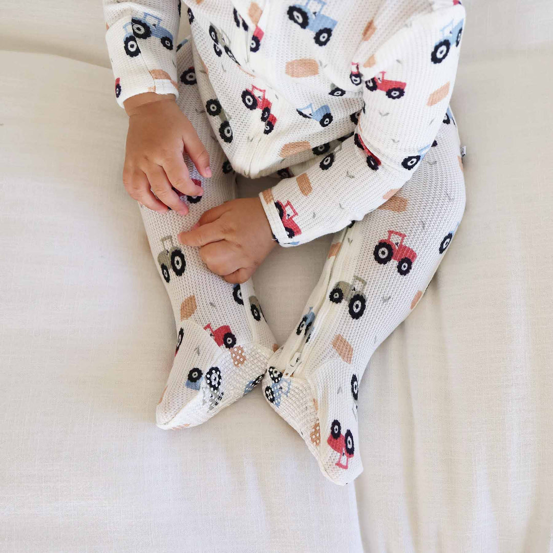 colorful tractor bamboo waffle zipper footie for babies 