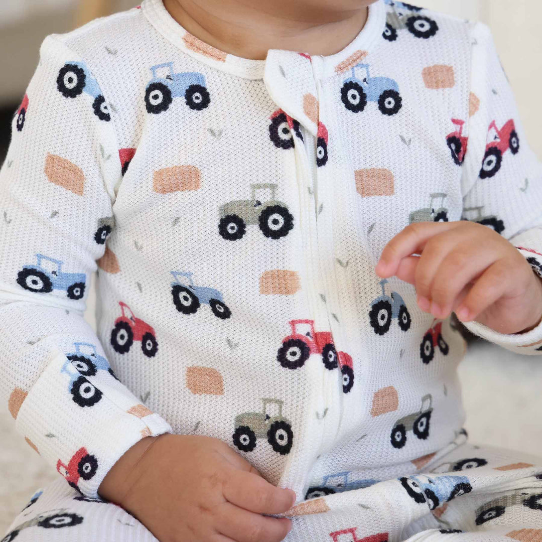 tractor bamboo waffle zipper footie with flip mitts 