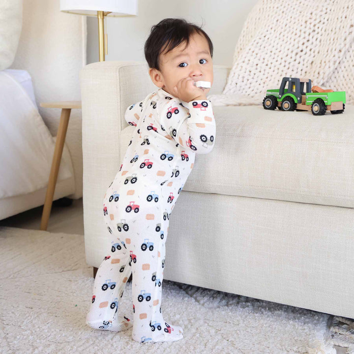 little farmer bamboo waffle zipper footie for baby boys with double zipper 