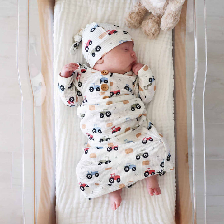 bamboo waffle tractors newborn knot gown and hat set for boys 