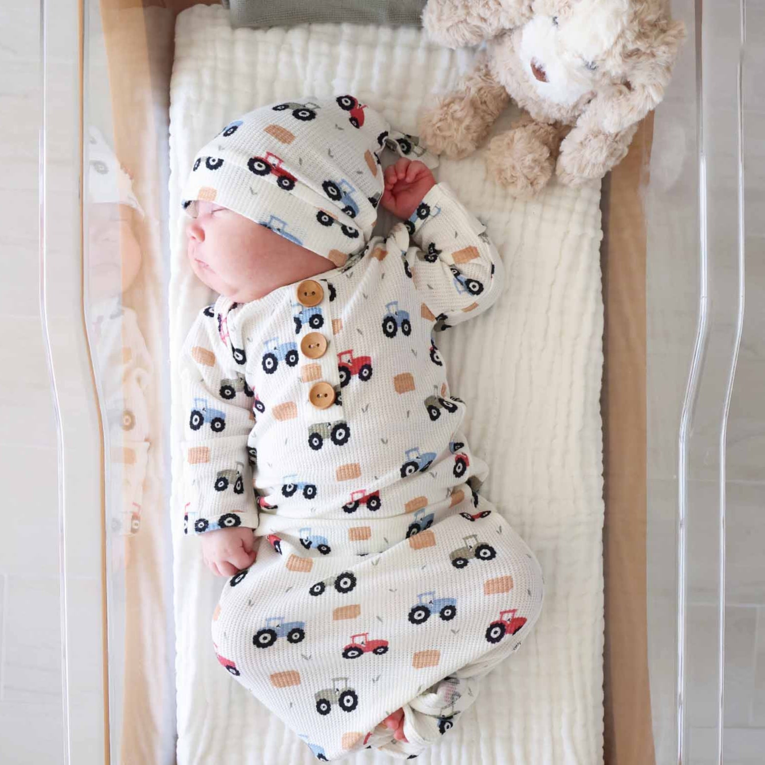 Little Farmer Bamboo Waffle Newborn Baby Knot Gown & Hat Set