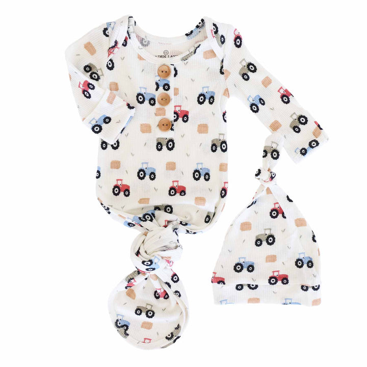 colorful tractor and hay bale newborn knot gown and hat set 