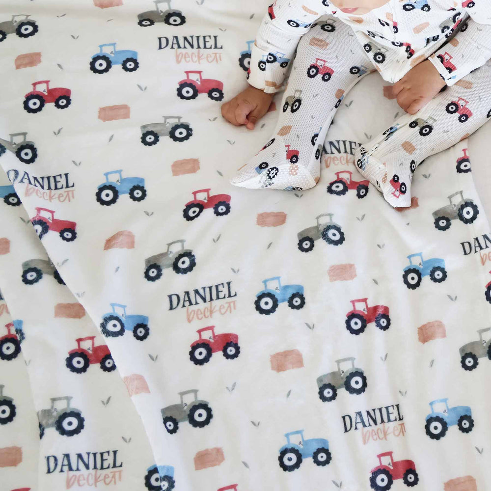 muted colorful tractors with hay bale personalized blanket for kids 