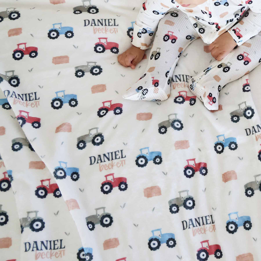 muted colorful tractors with hay bale personalized blanket for kids 