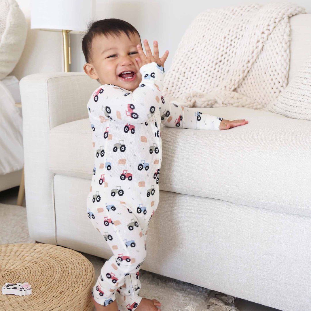 little farmer convertible zip romper made from bamboo waffle fabric 