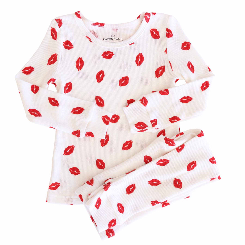 white long sleeve and pant bamboo waffle two piece pajama set with red lips