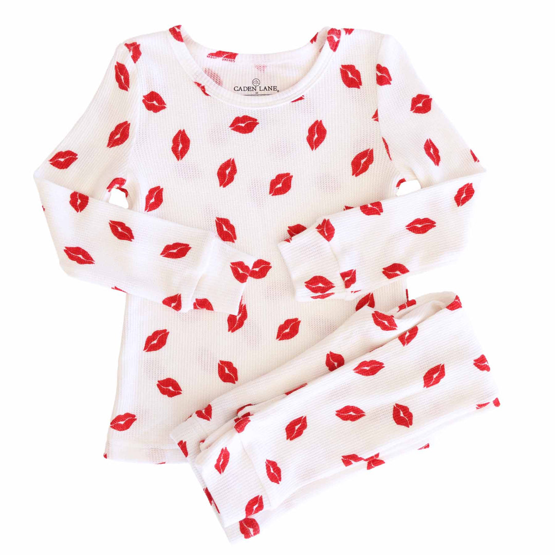 white long sleeve and pant bamboo waffle two piece pajama set with red lips
