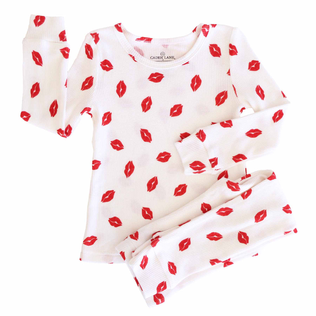 bamboo waffle gender neutral valentine's day pajama set with red lips