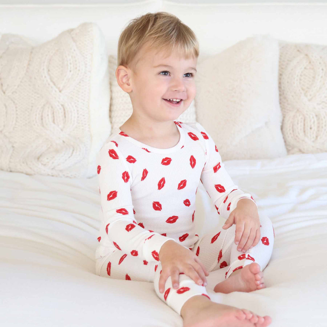 white bamboo waffle two piece pajama set for kids with red lip on it for valentine's day 