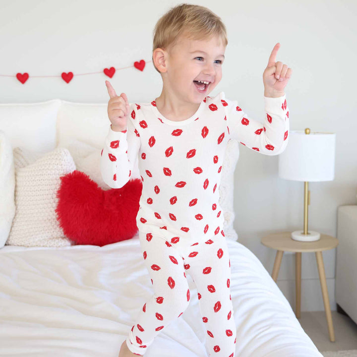 white bamboo waffle two piece pajama set for kids with red lips for valentines' day