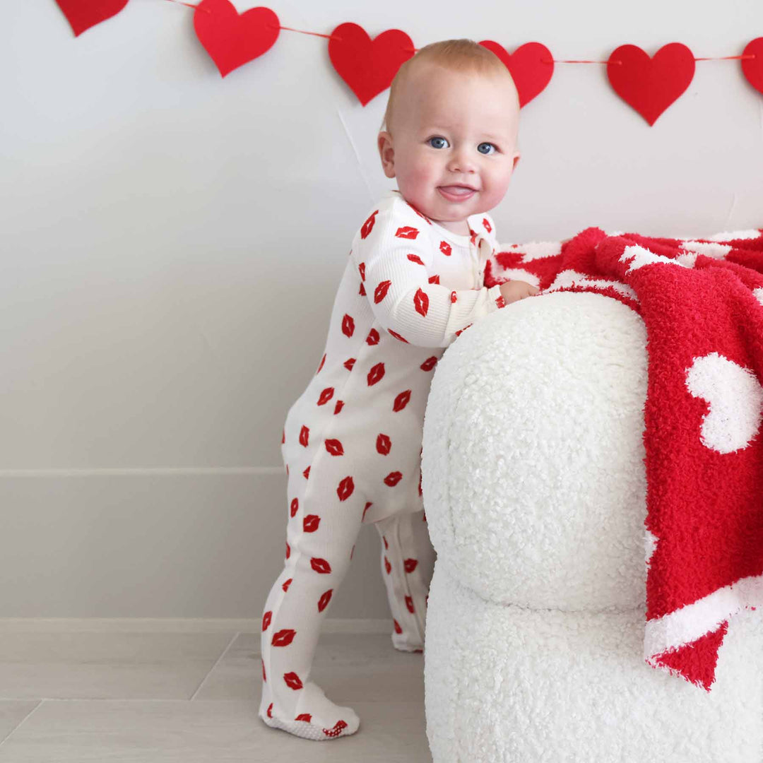 valentine's day little kisses bamboo waffle zipper footie for babies 