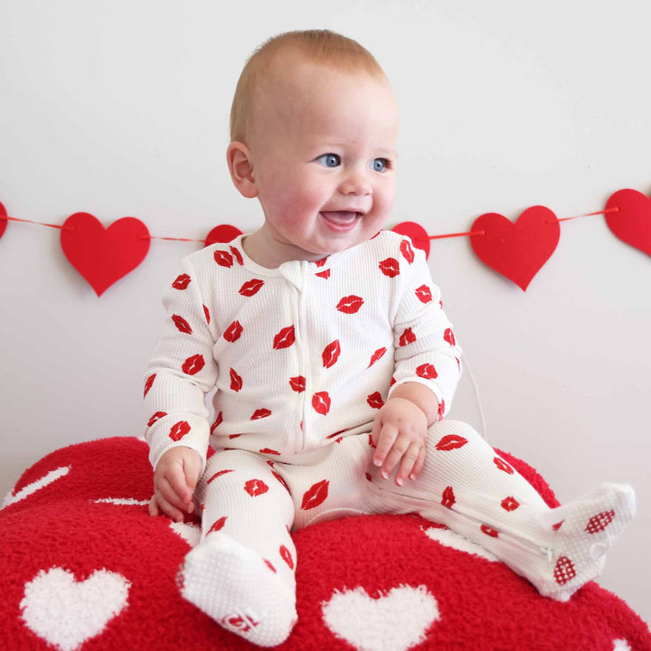 baby boy red lips bamboo waffle valentine's day footie pajama 