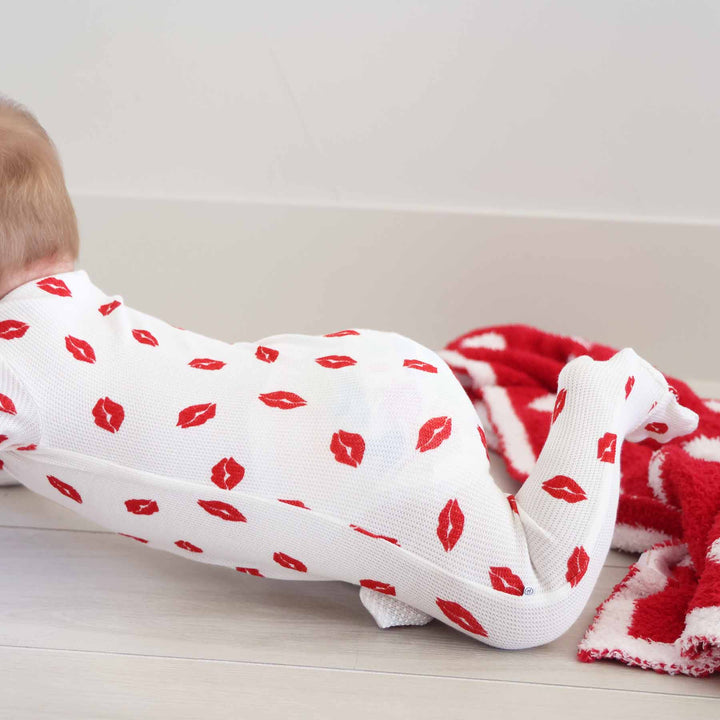 white and red lip valentine's day bamboo waffle zipper footie for babies