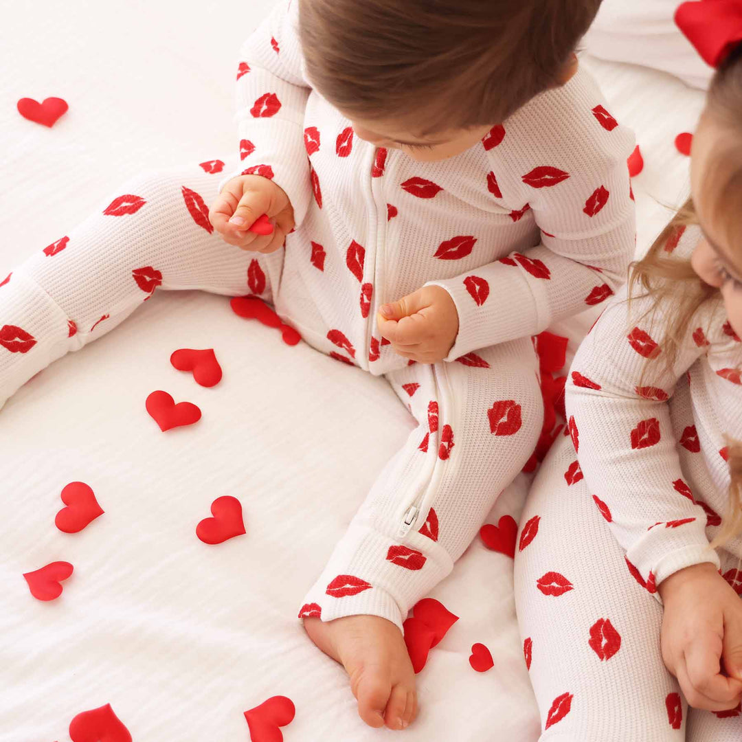 sibling matching kiss bamboo waffle pajamas for valentine's day