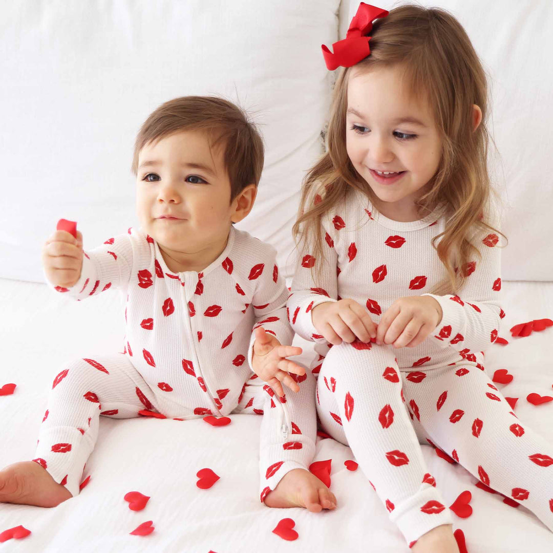 red lip bamboo waffle pajamas sibling matching