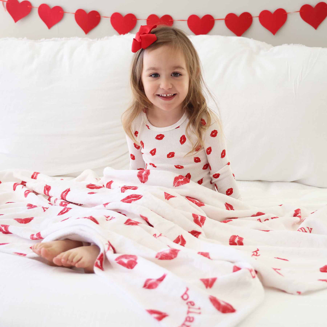 red kiss personalized kids blanket for valentine's day 