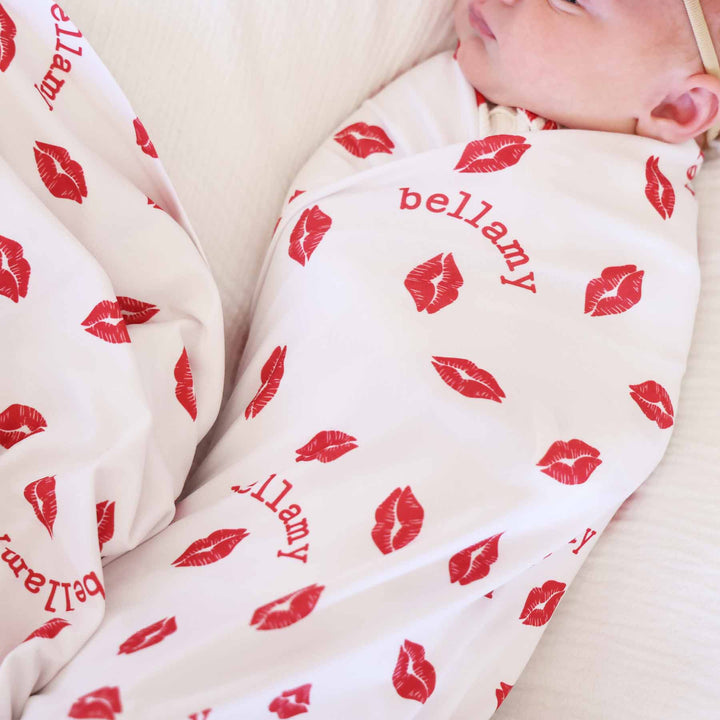 valentine's day red lip personalized swaddle blanket for babies 