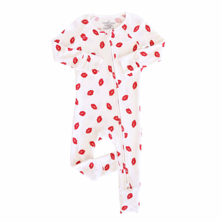 red lip valentine's day bamboo waffle convertible zip romper pajama for babies and toddlers