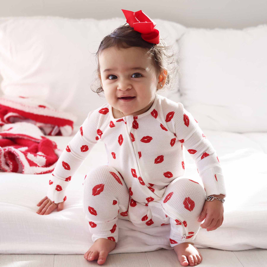 red lip convertible zip romper pajama gender neutral for valentine's day