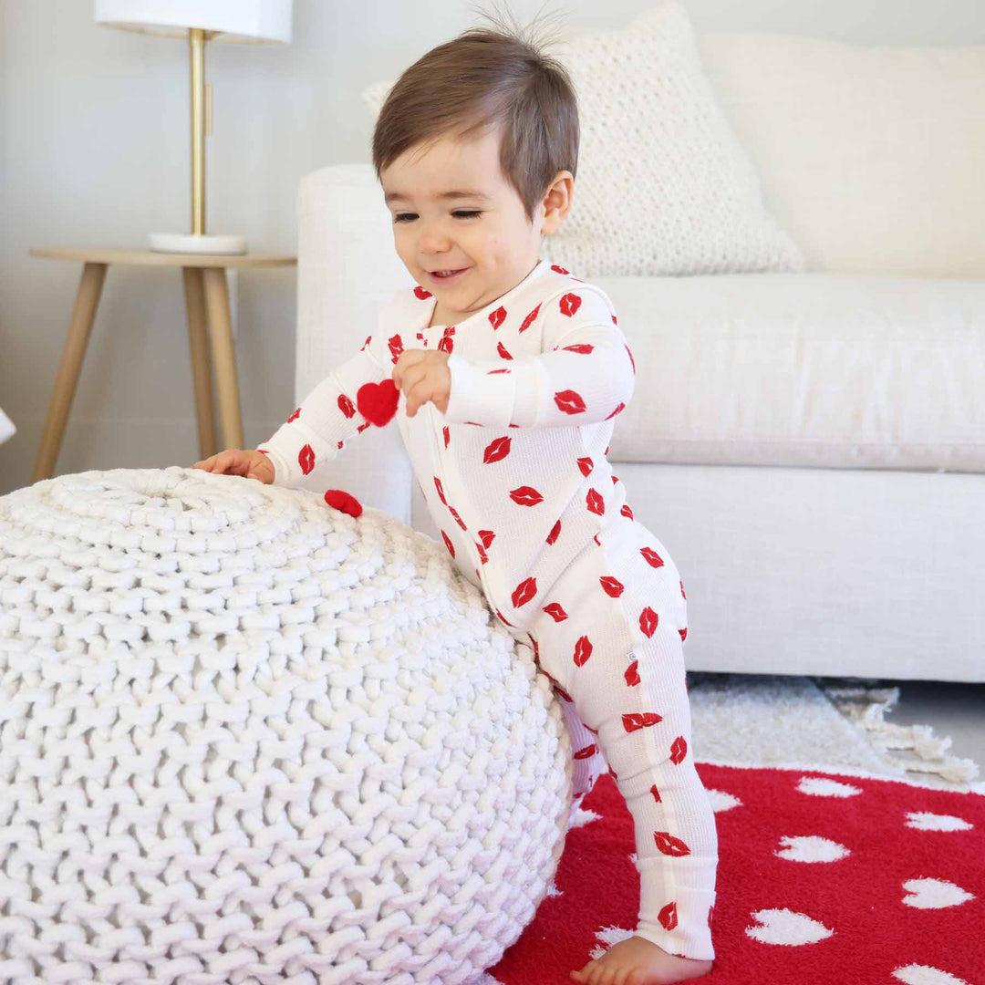little kisses gender neutral convertible zip romper pajama for valentine's day with red lips 