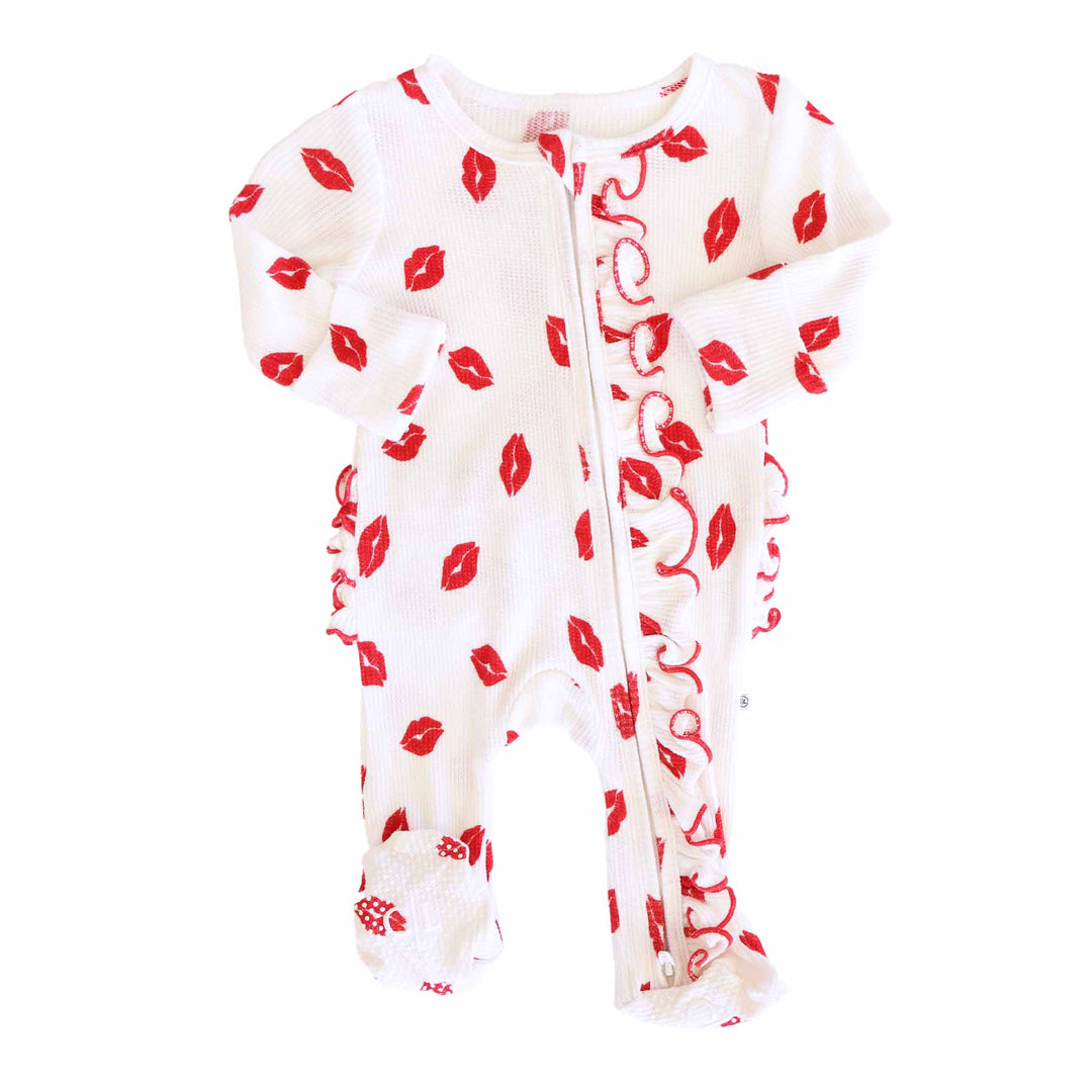 kiss ruffle zipper footie for girls 