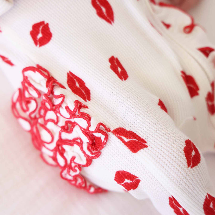 closeup of bamboo waffle fabric in the little kisses footie
