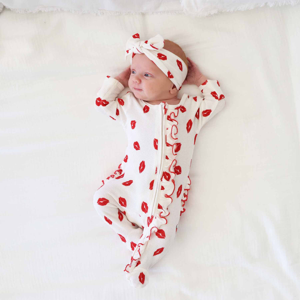 little kisses bamboo waffle ruffle zipper footie pajama for valentine's day 
