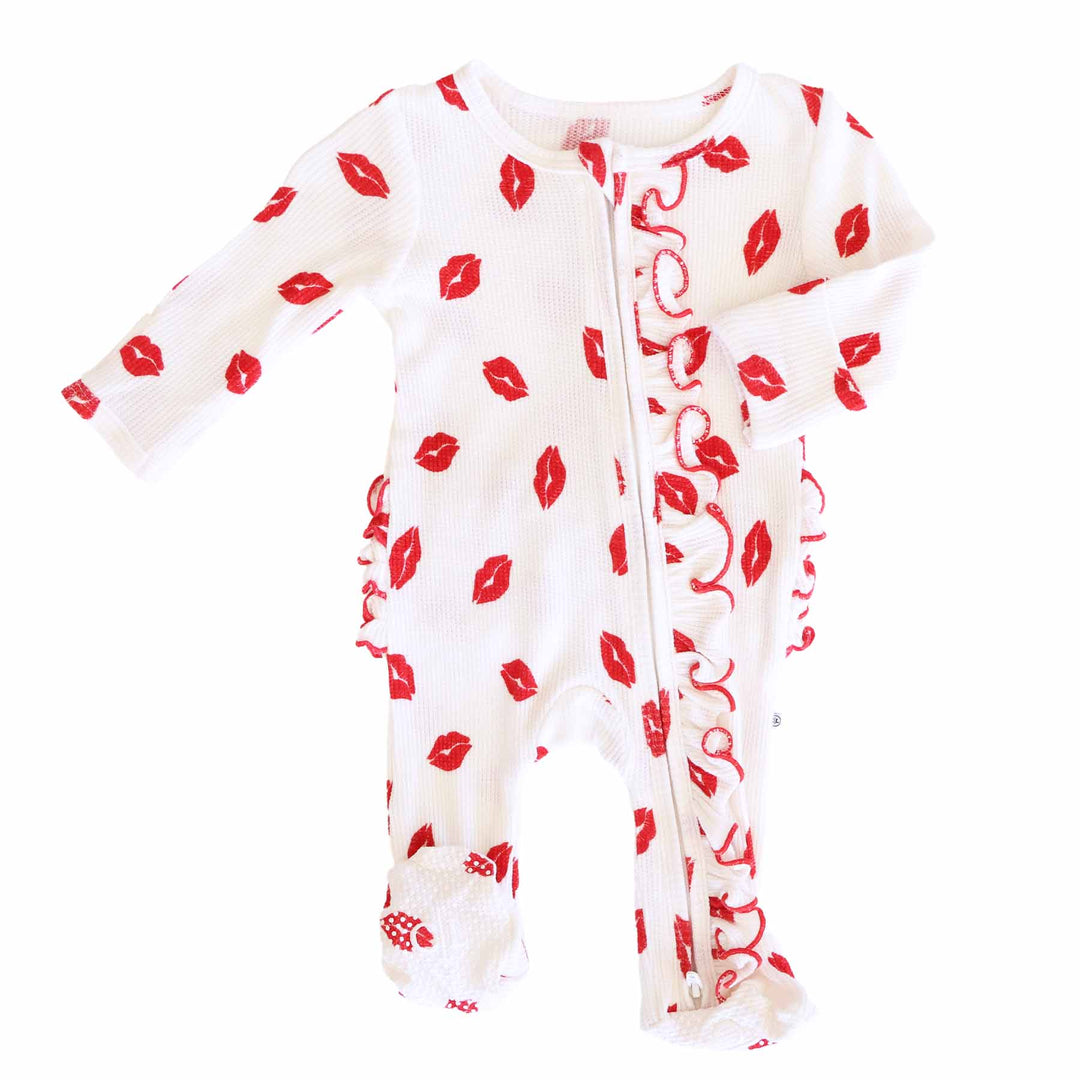 valentine's day little kisses long sleeve bamboo waffle ruffle zipper footie for baby girls 