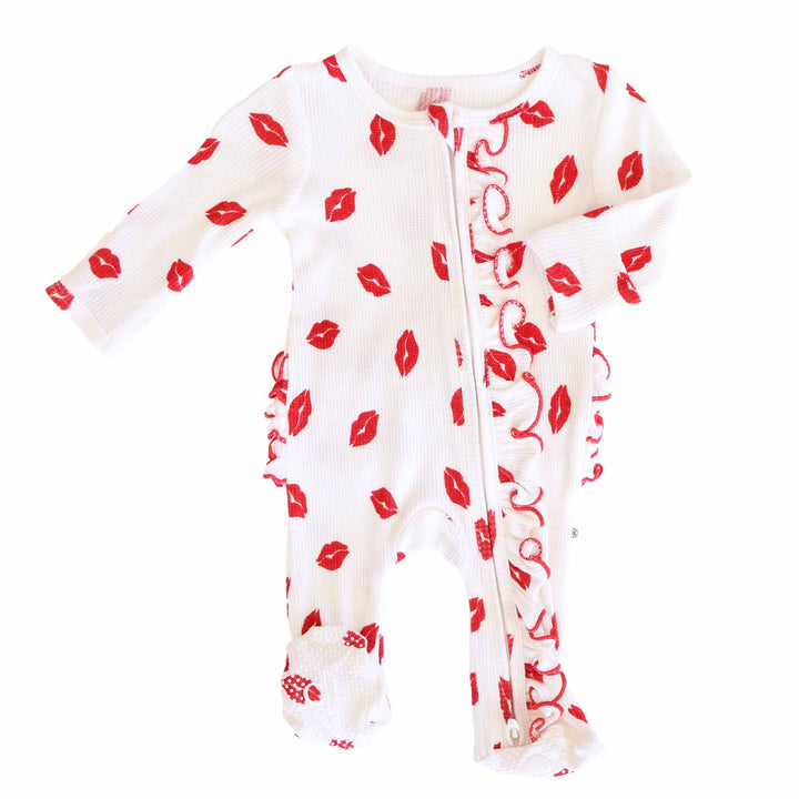 valentine's day little kisses long sleeve bamboo waffle ruffle zipper footie for baby girls 