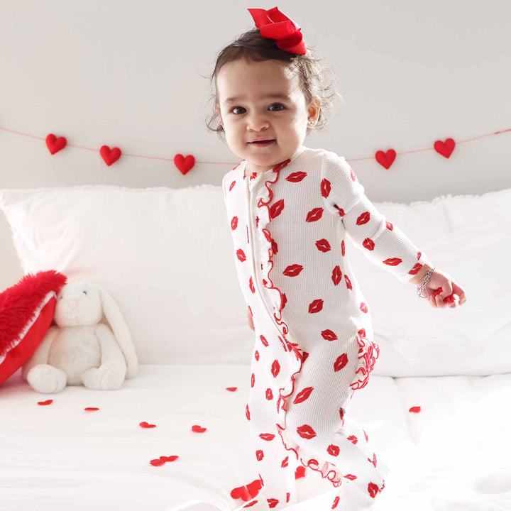 baby girl valentine's day ruffle footie with lips on it 