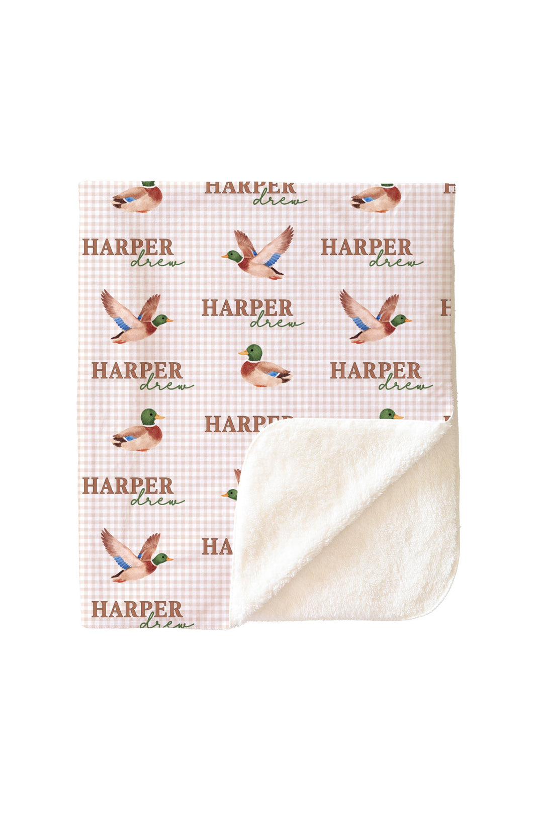 Personalized little mallard duck print blanket with corner folded back showing white sherpa fleece reverse side