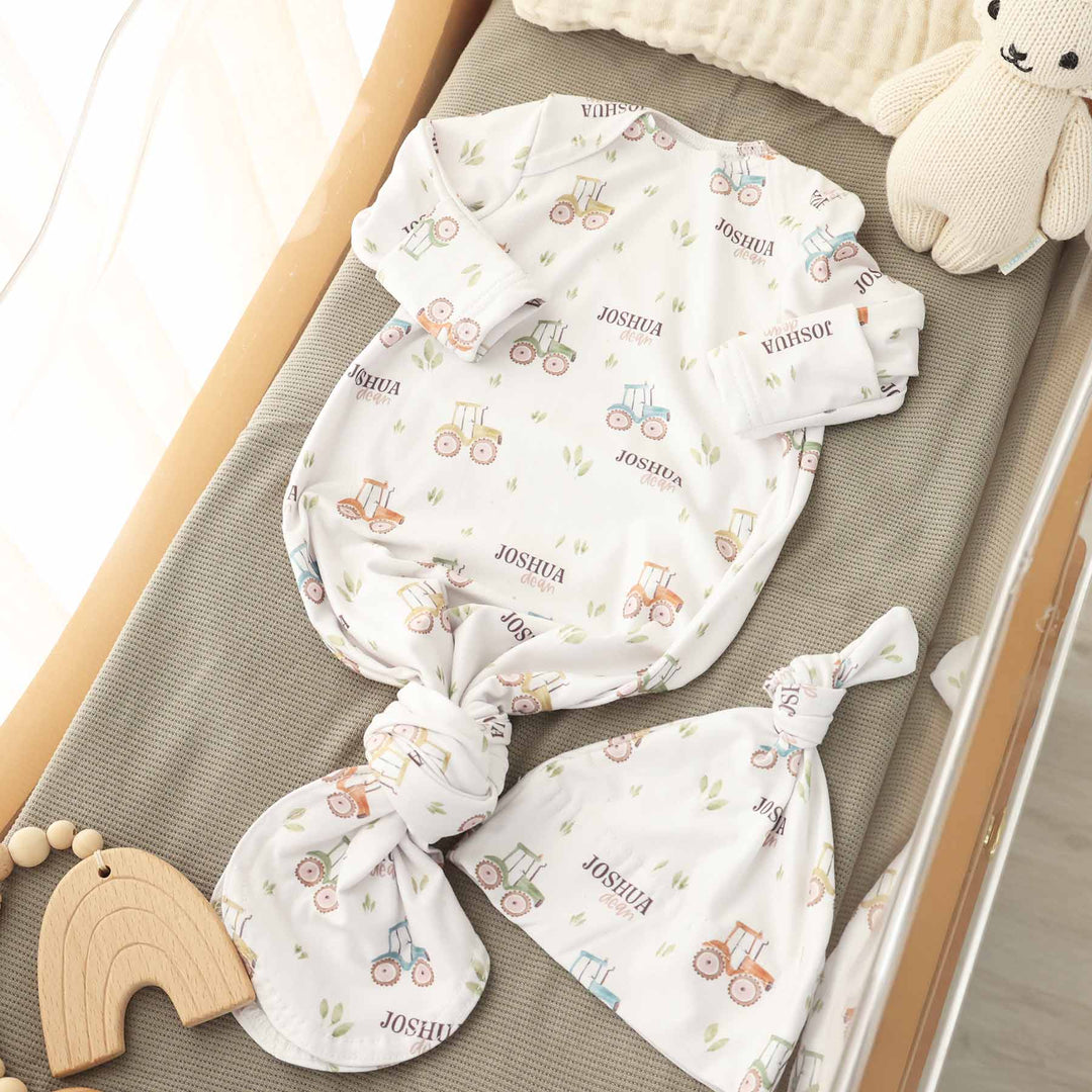 little farmer personalized knot gown for baby boys