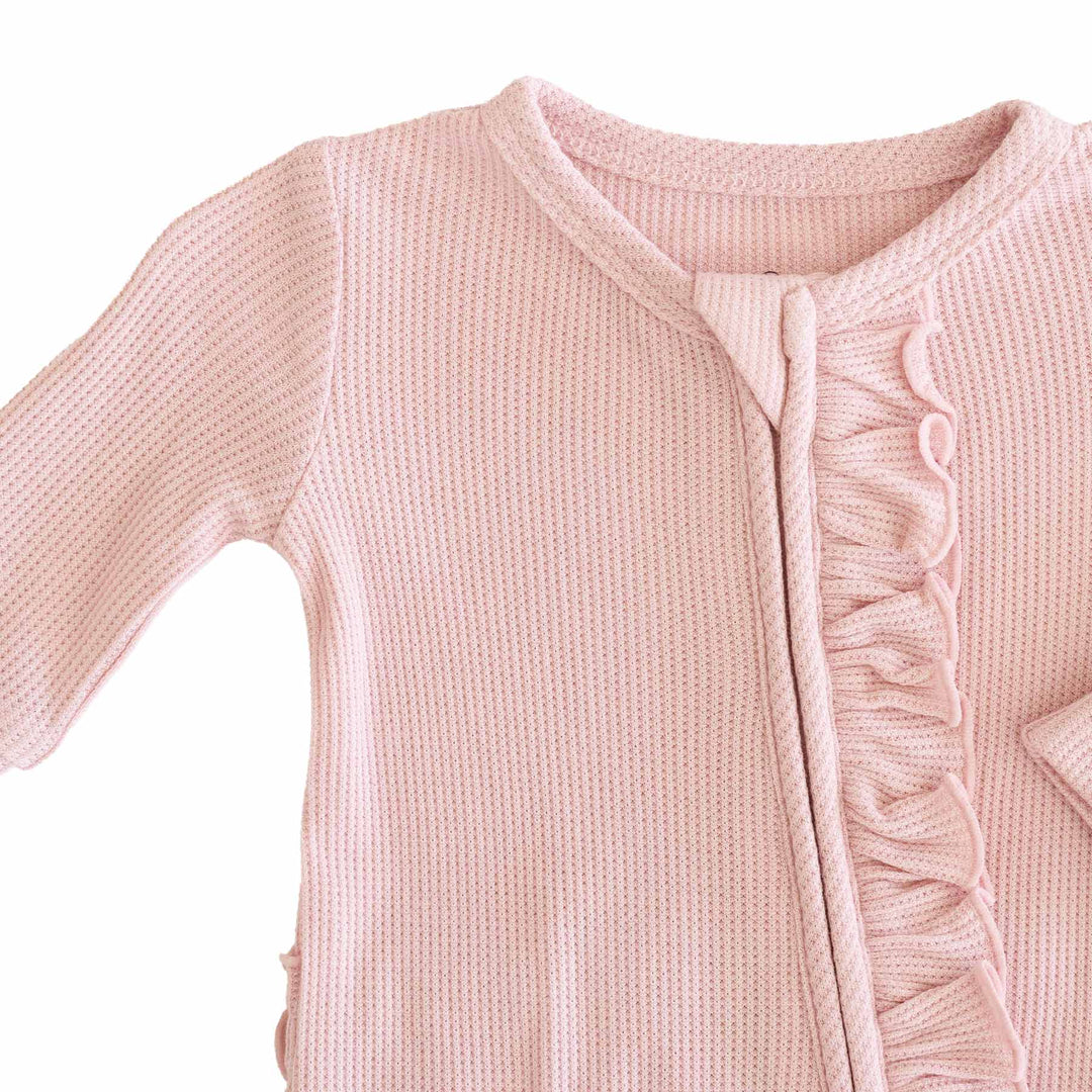 light pink lotus newborn zipper footie with ruffles 