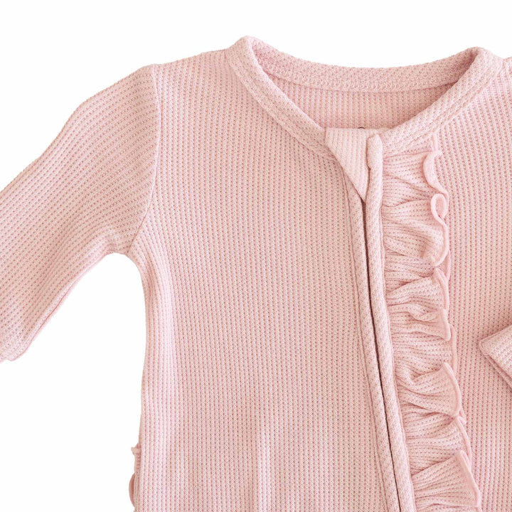 light pink lotus newborn zipper footie with ruffles 
