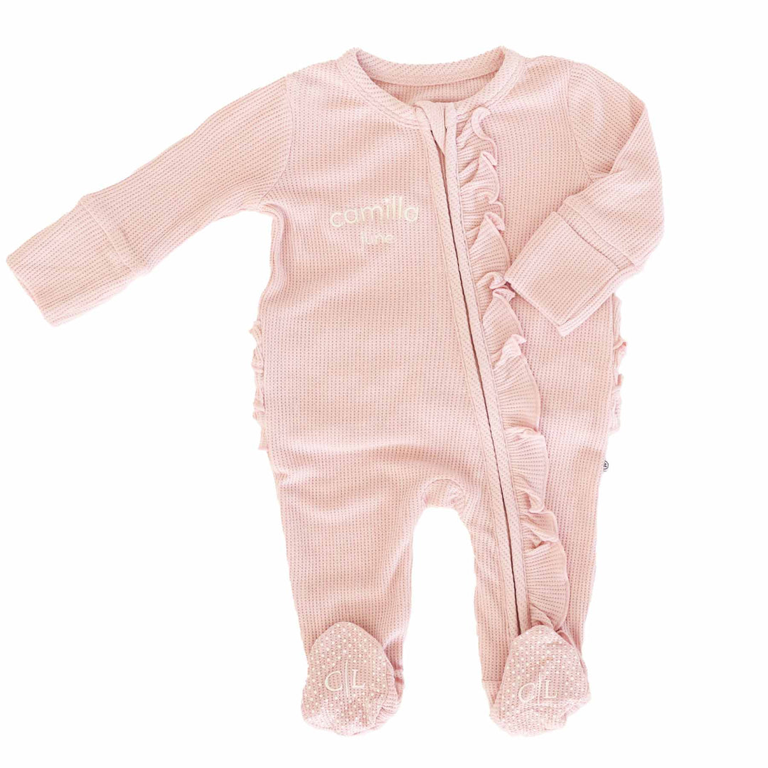 light pink embroidered ruffle zipper footie for girls 