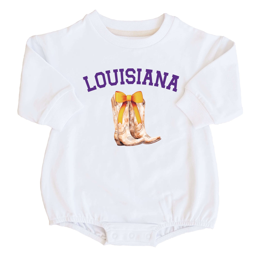 Louisiana State University | Footballs & Bows Graphic Sweatshirt Bubble Romper