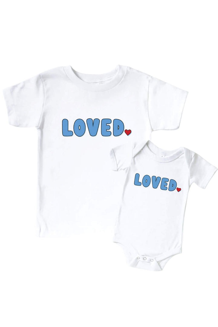 blue loved graphic tee and bodysuit for babies and toddlers 