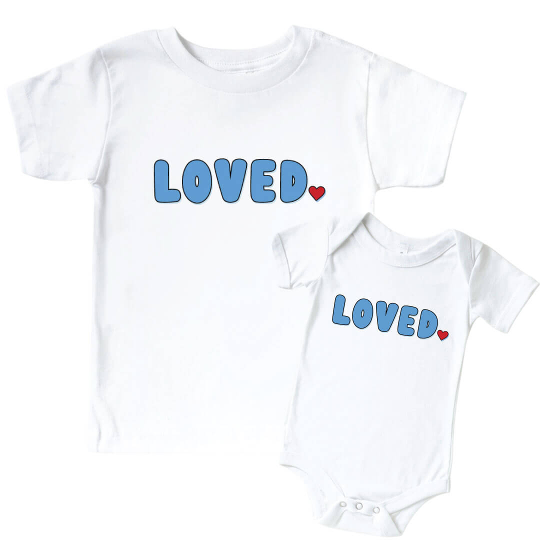 Loved Blue Graphic Bodysuit & Kids Tee | White