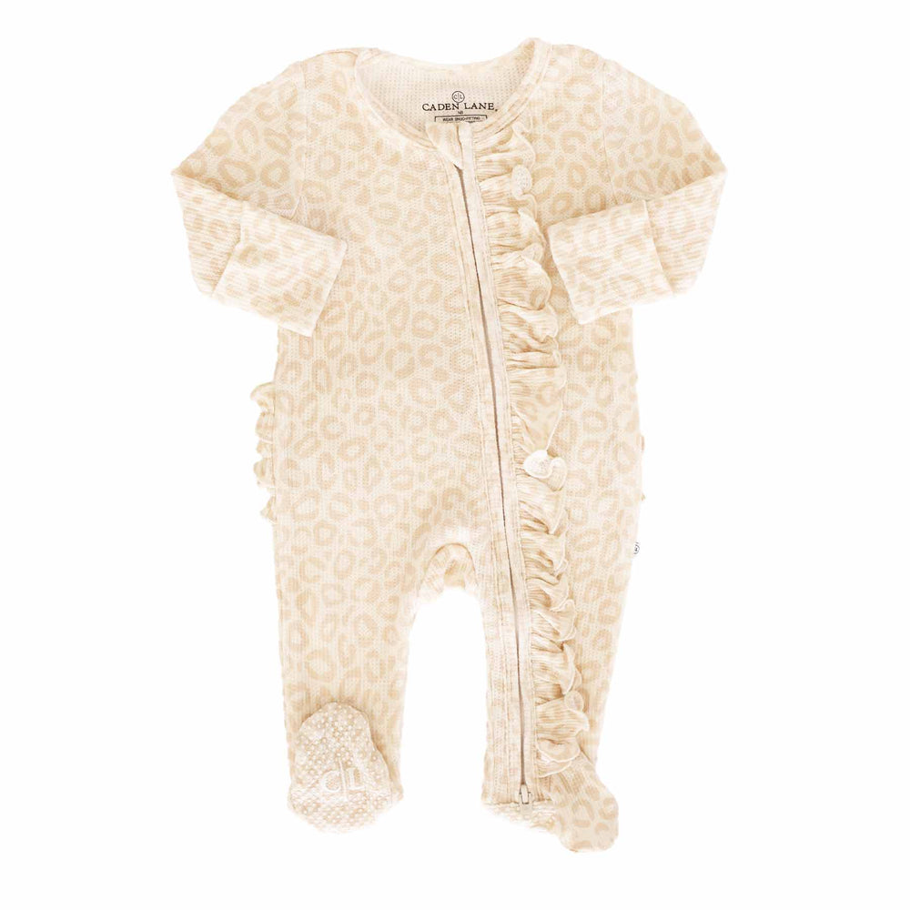 neutral leopard ruffle zipper footie for babies 