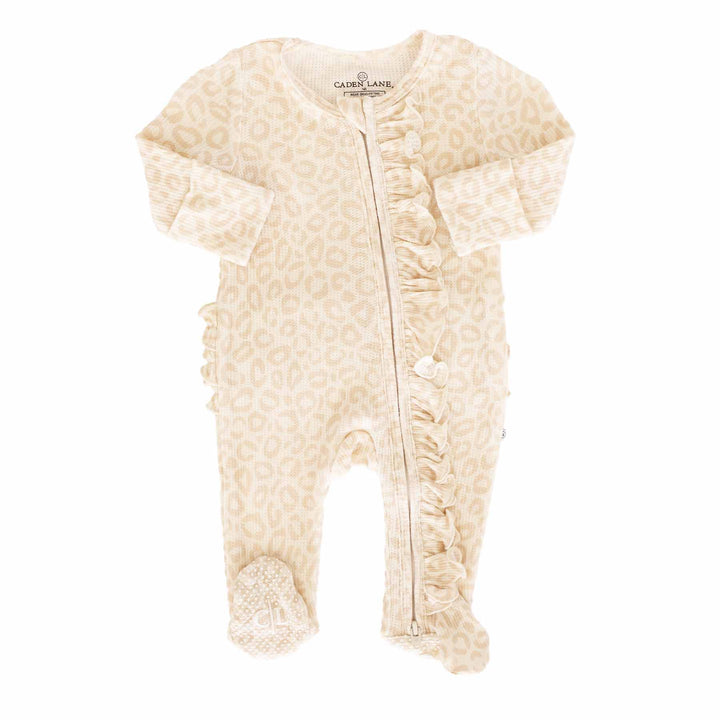 neutral leopard ruffle zipper footie for babies 
