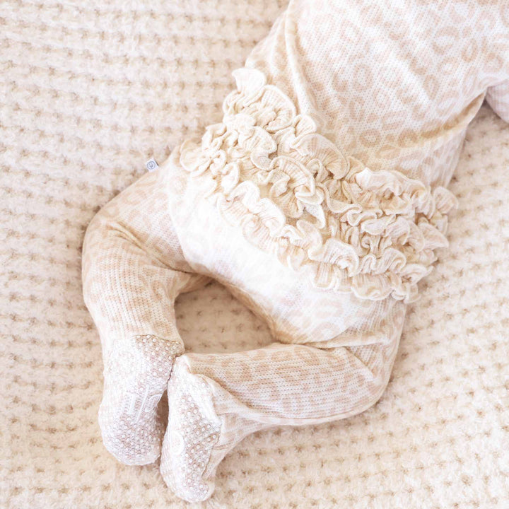 ruffle bottom tan leopard bamboo viscose baby footie for girls 