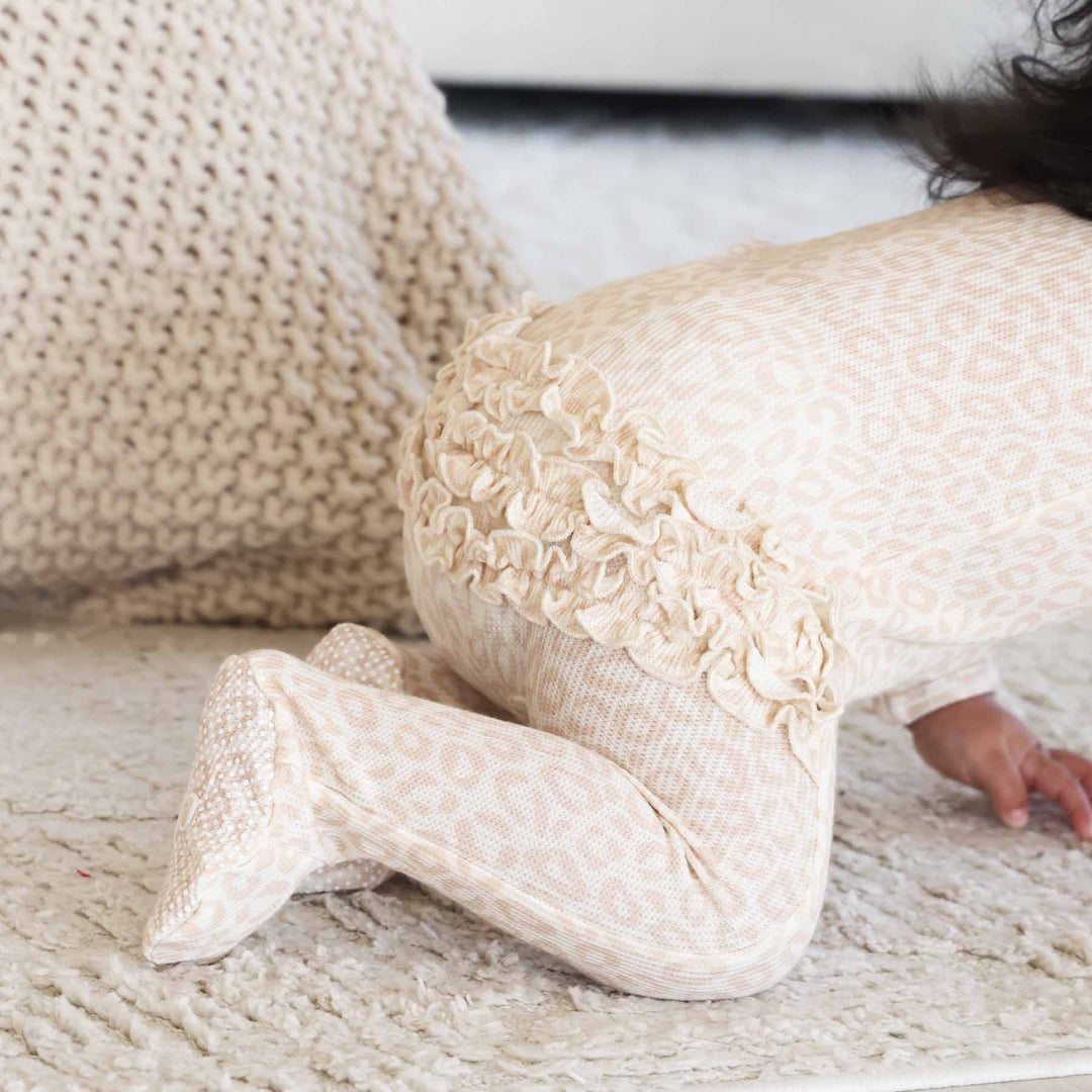 lovely leopard ruffle bottom bamboo viscose zipper footie for baby girls 