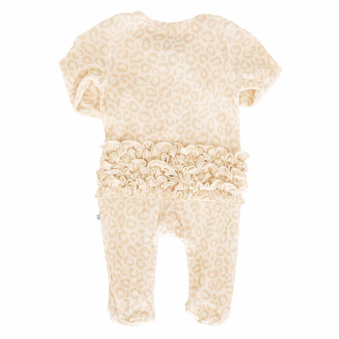 lovely leopard ruffle bottom zipper footie for babies 