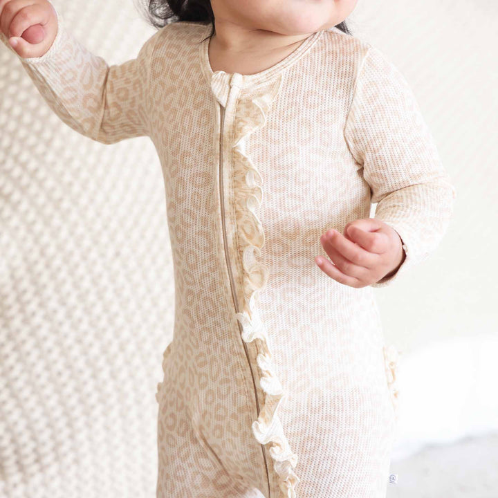 blonde leopard ruffle footie for babies 