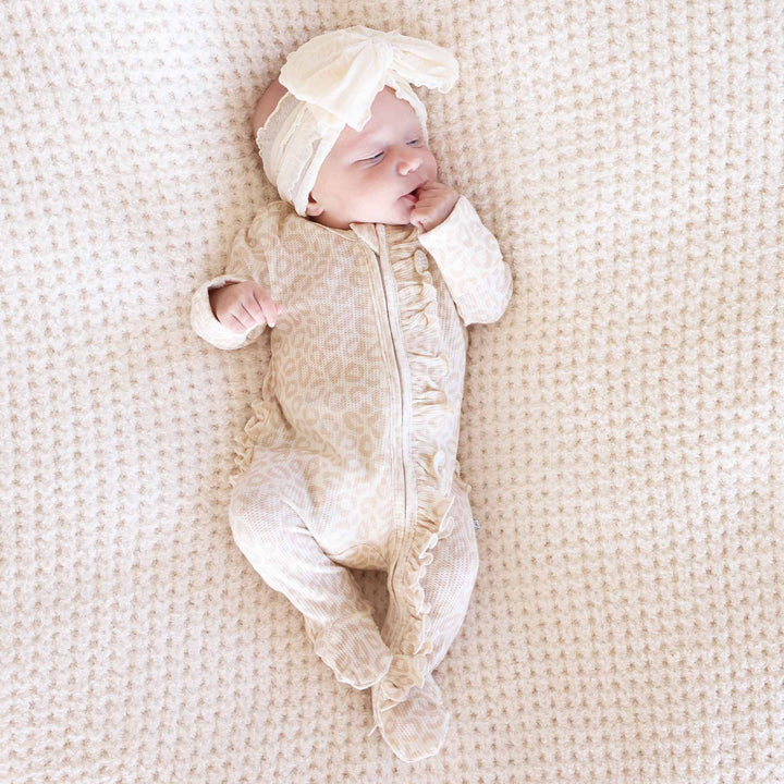 lovely leopard bamboo waffle ruffle zipper footie for baby girls