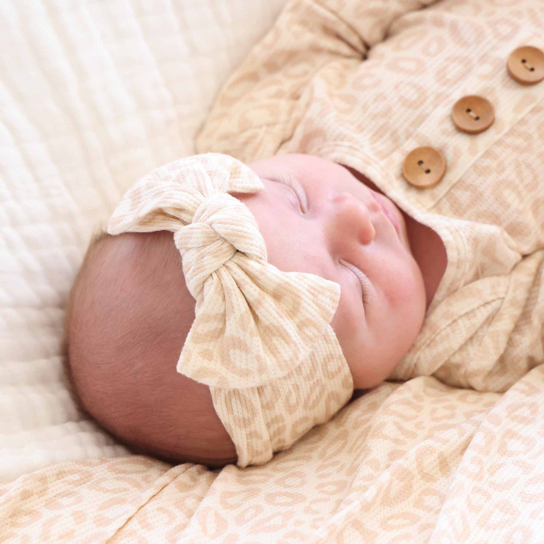 tan leopard print headwrap for newborn girls 