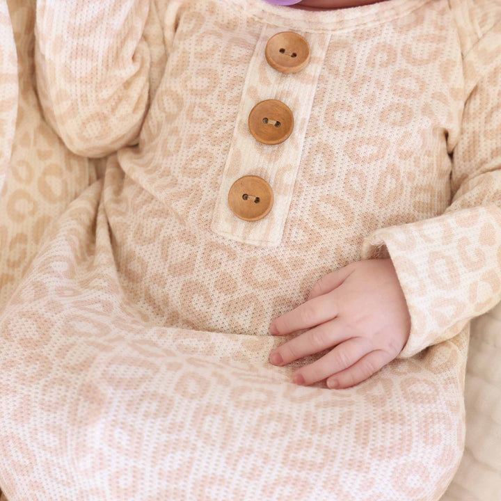tan leopard bamboo waffle knot gown for baby girls 