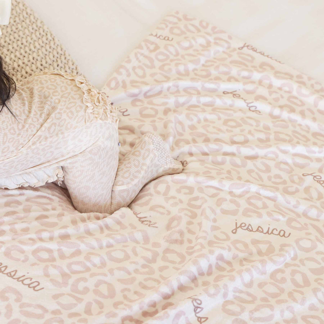 girls personalized name blanket with neutral leopard print 