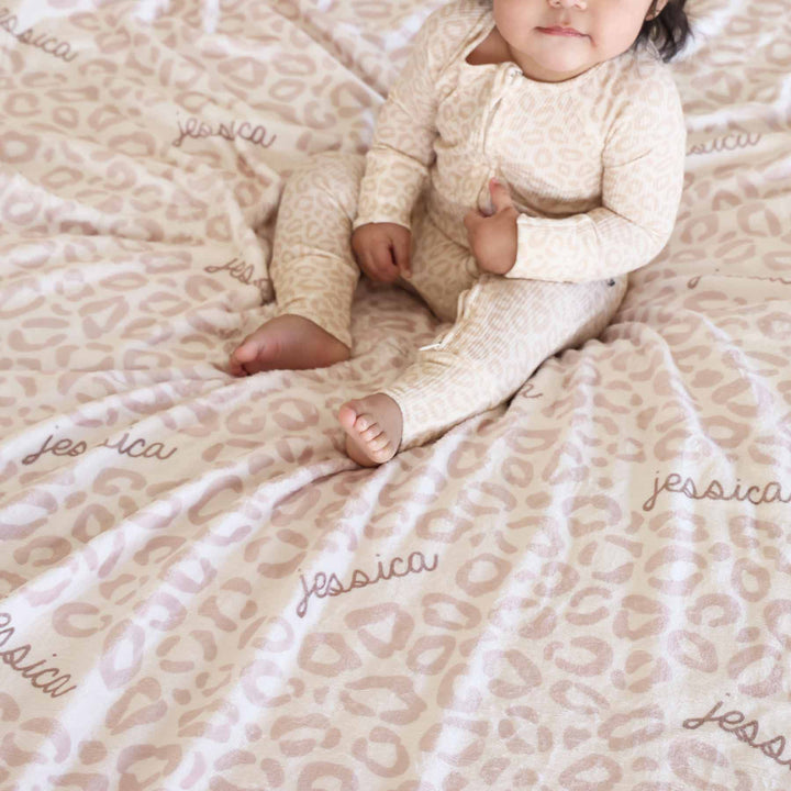 neutral leopard print personalized minky blanket for kids 